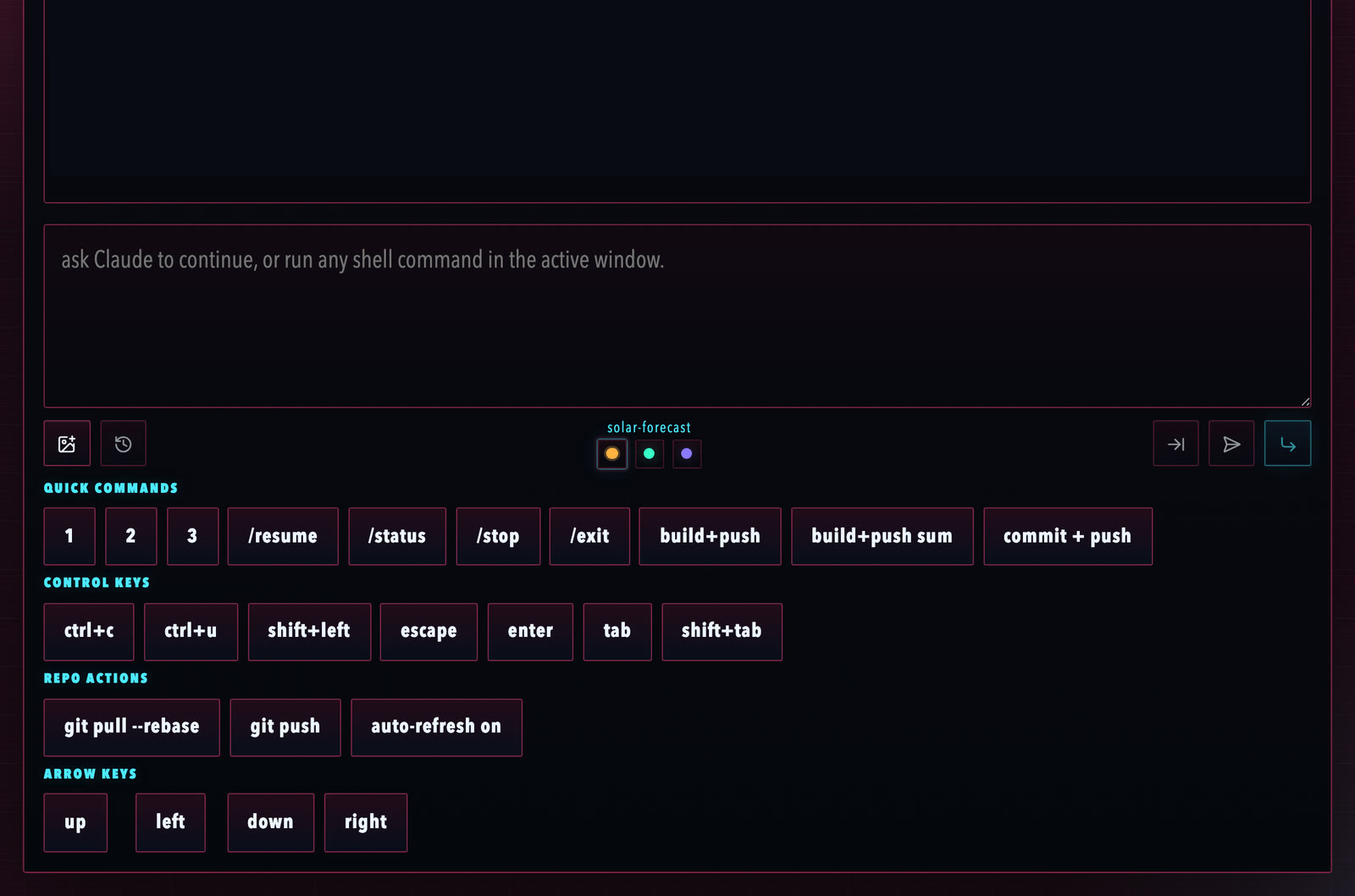 The prompt box with quick commands, control keys, repo actions and arrow keys.
