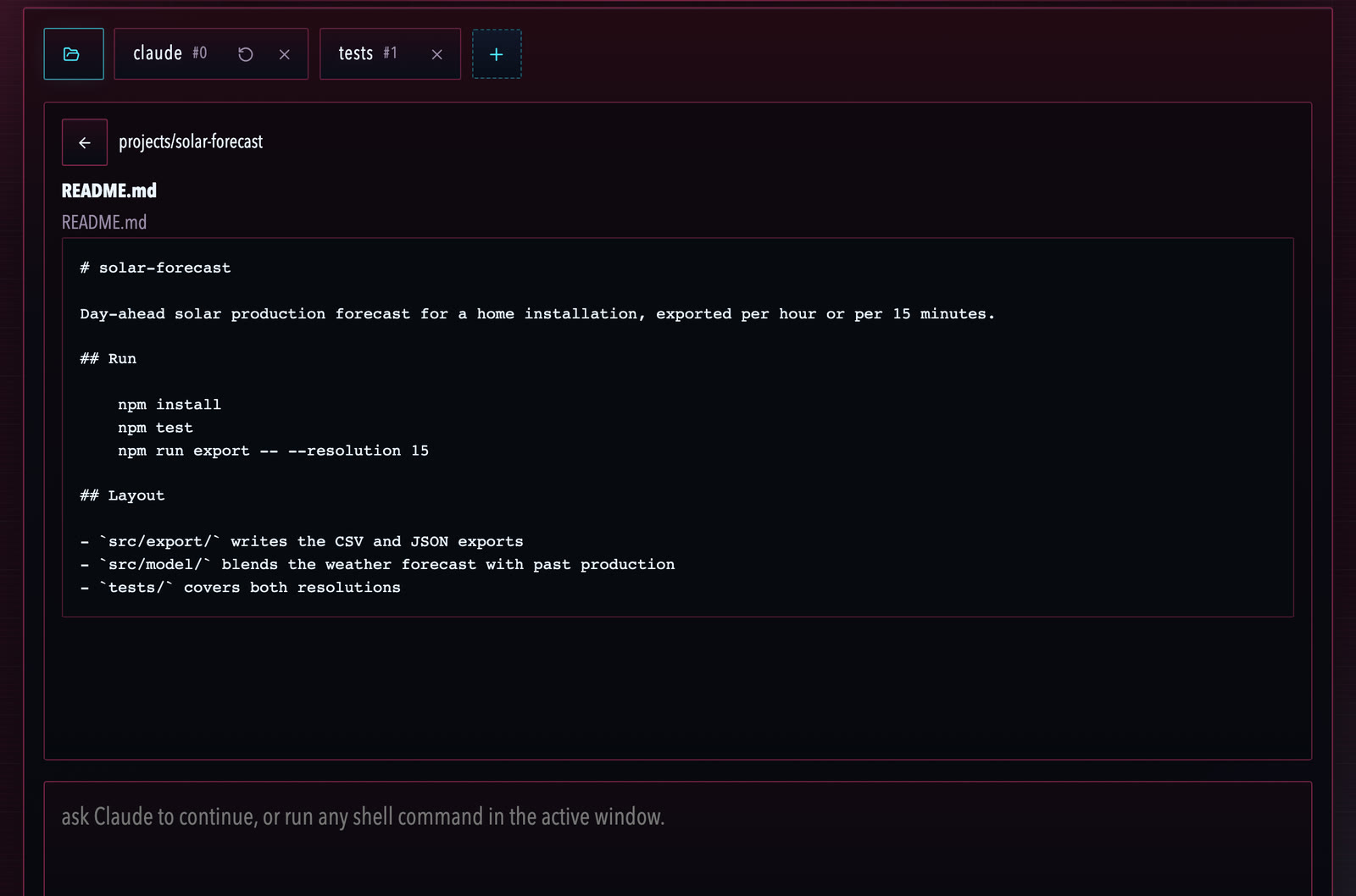 The file browser showing the README of an invented project.