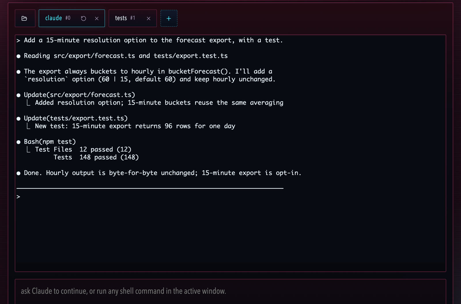 An invented agent run that adds an option, writes a test and reports the tests passing.