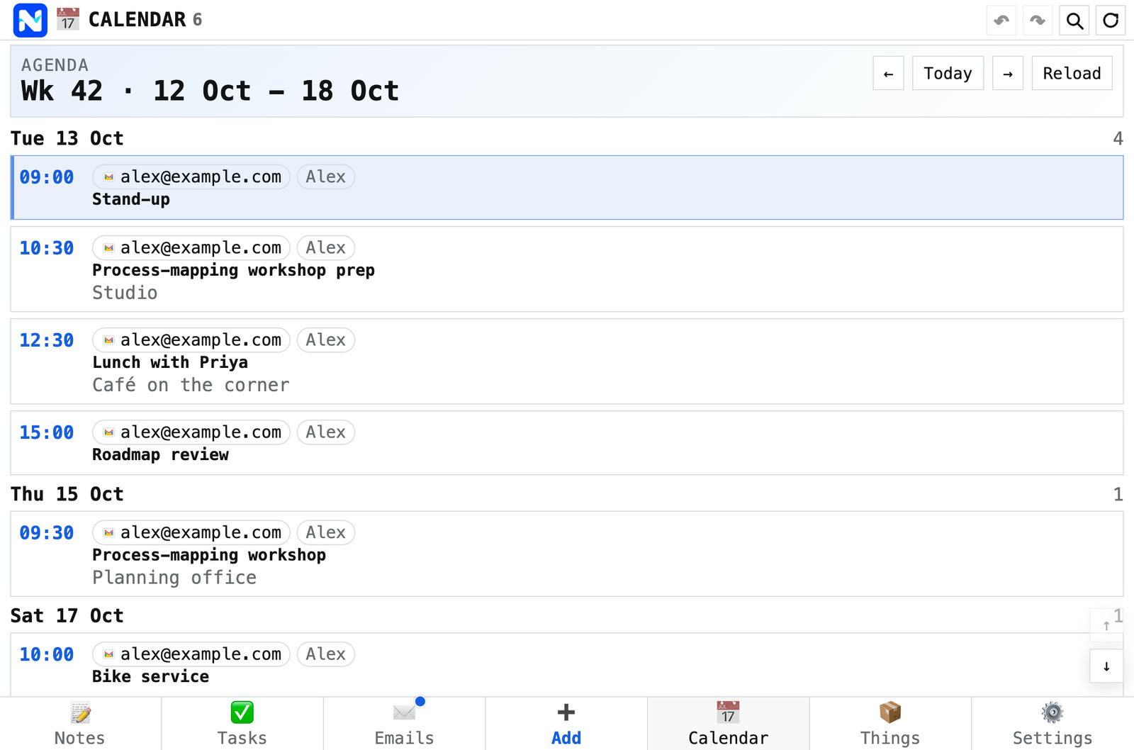 An agenda week with invented meetings: a stand-up, a workshop and a bike service.