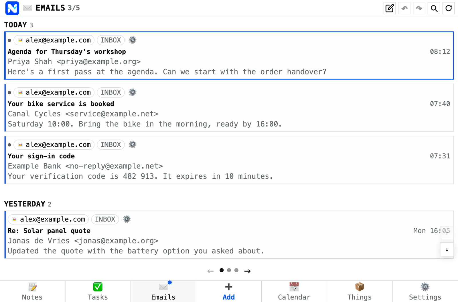 Noter's email view with invented mail from a colleague, a bike shop and a bank, grouped by today and yesterday.