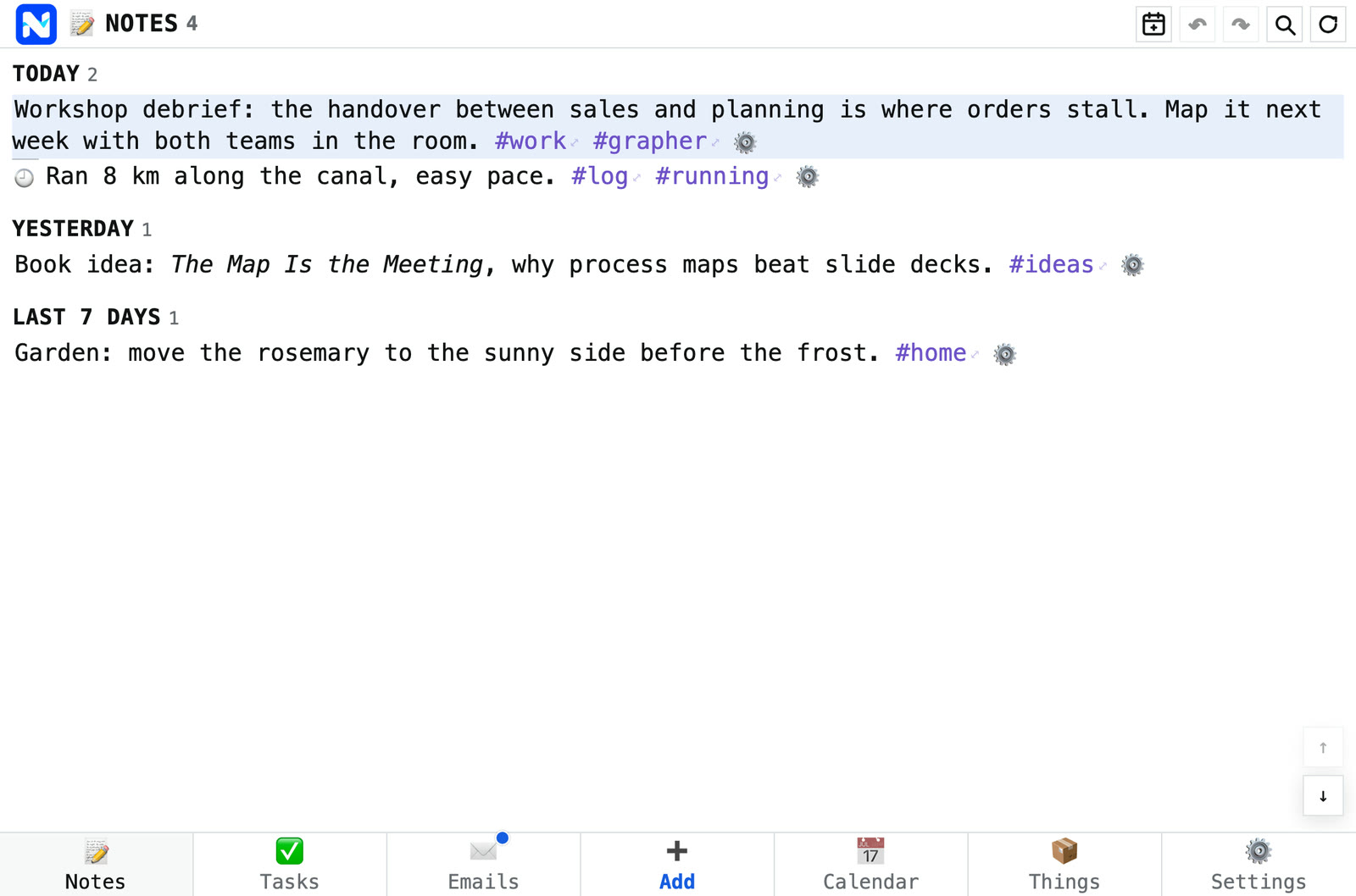 A feed of invented notes for today, yesterday and the last seven days, each with its tags.