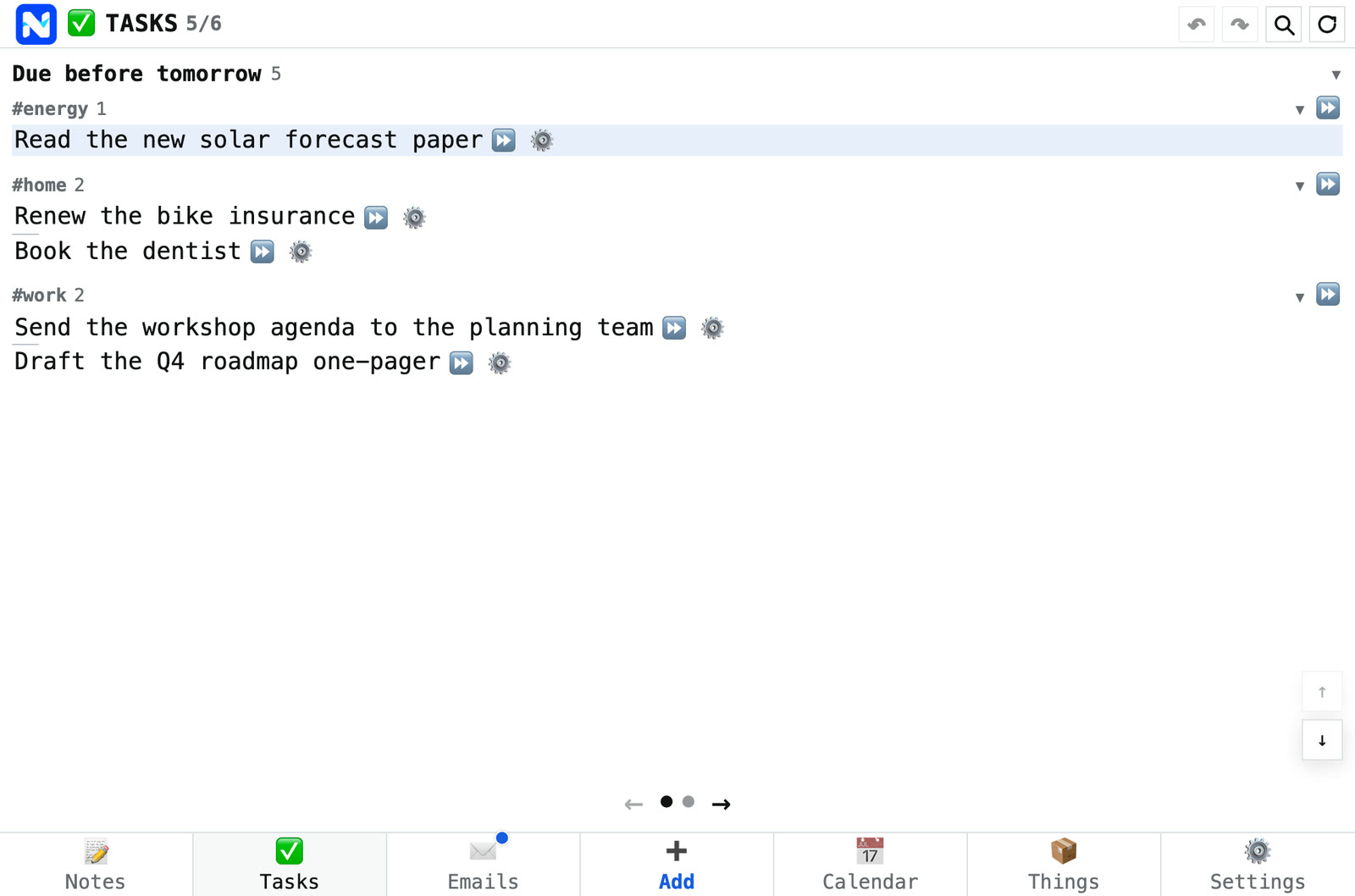 Five invented tasks due today, grouped under energy, home and work.